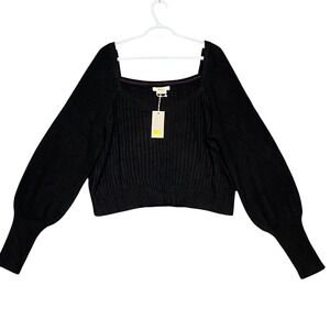 Boden Black Ribbed Knit Square Neck Balloon Sleeve Cropped‎ Sweater 16/18 K0676